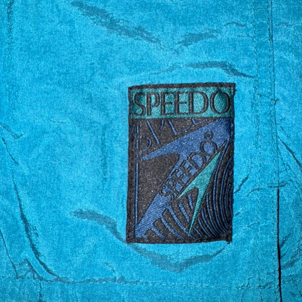 Vintage Speedo Mens‎ Teal Blue Crinkle Nylon Swim Trunks Mesh Lined Shorts Sz L